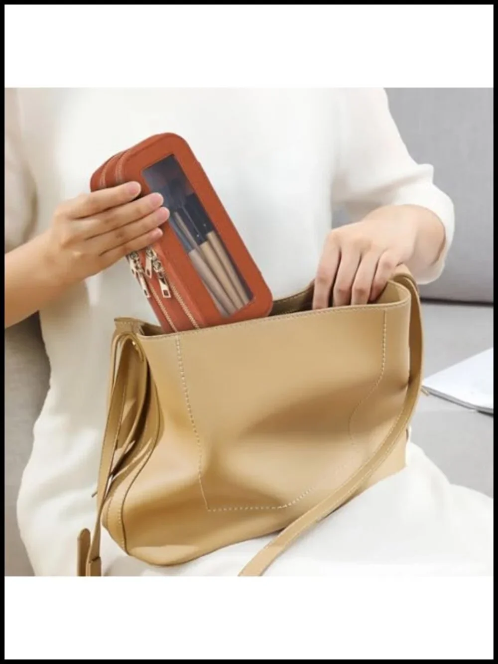 Double Layer Makeup Bag Saffiano Faux Leather Travel Cosmetic Brush Organizer